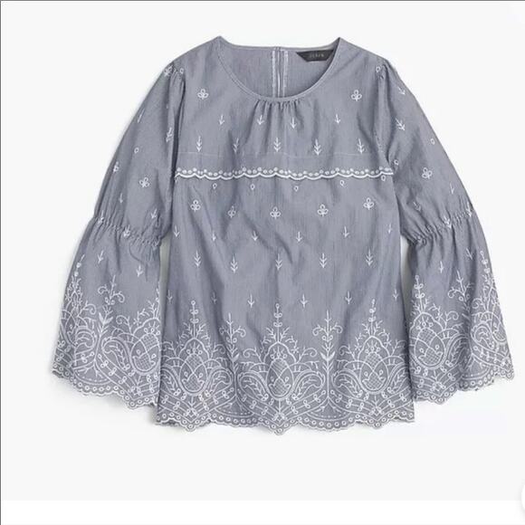 J. Crew Striped Embroidered Bell Sleeve Top Blouse XXS - Picture 2 of 7